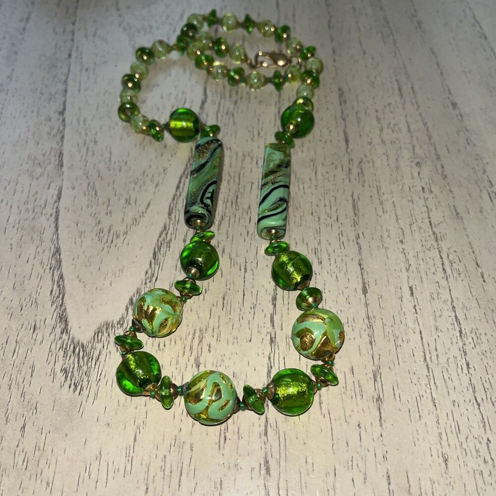 Unique Vintage Green Millefiori Glass Beaded Necklace Venetian Italy 27” L